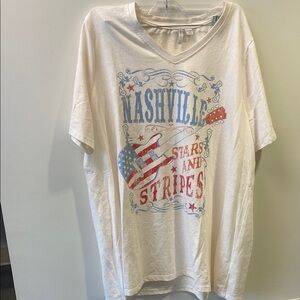 Cato White V-Neck Tee with Red & Blue Nashville Graphic